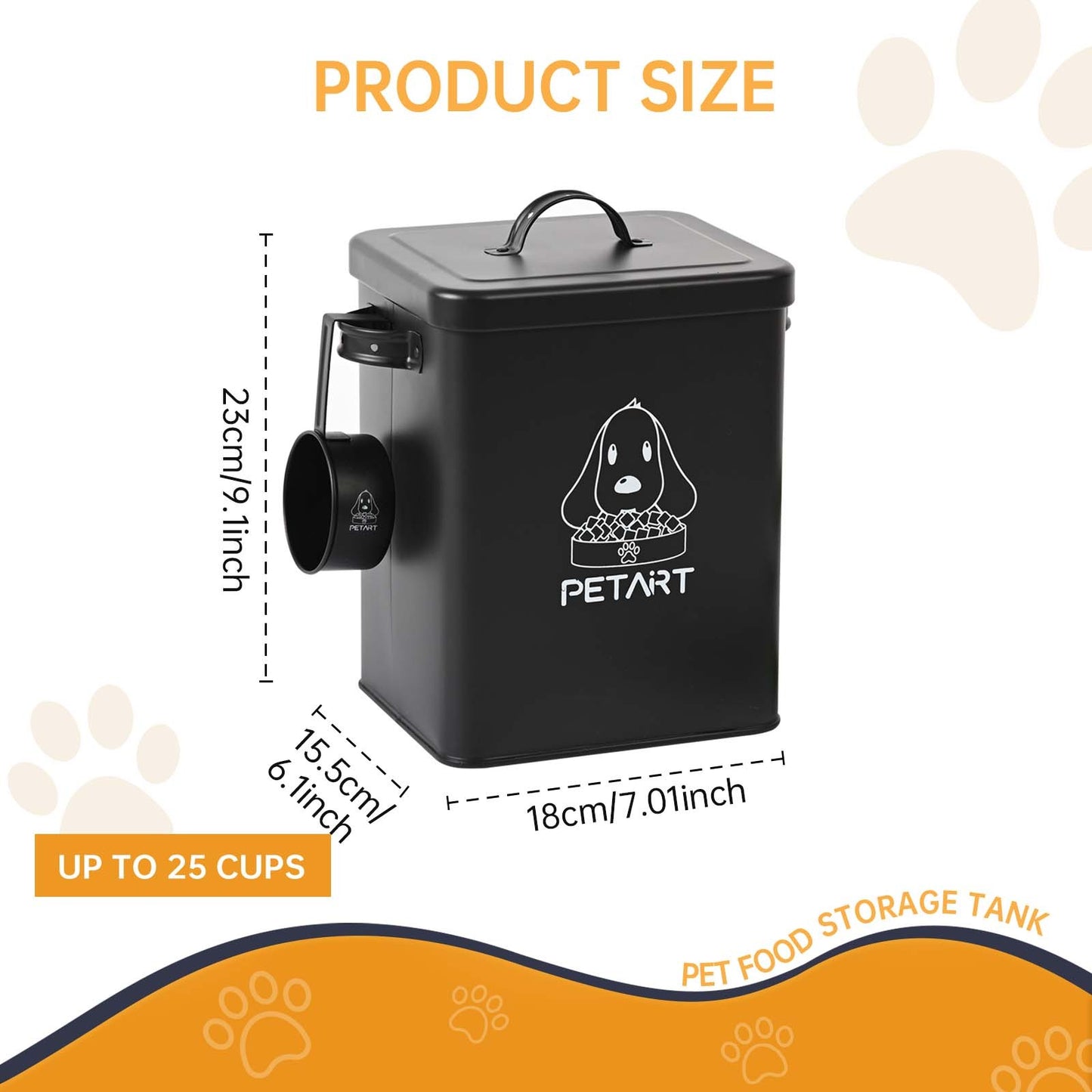 Airtight Metal Dog Food Storage Container with Lid and Scoop – Matte Black