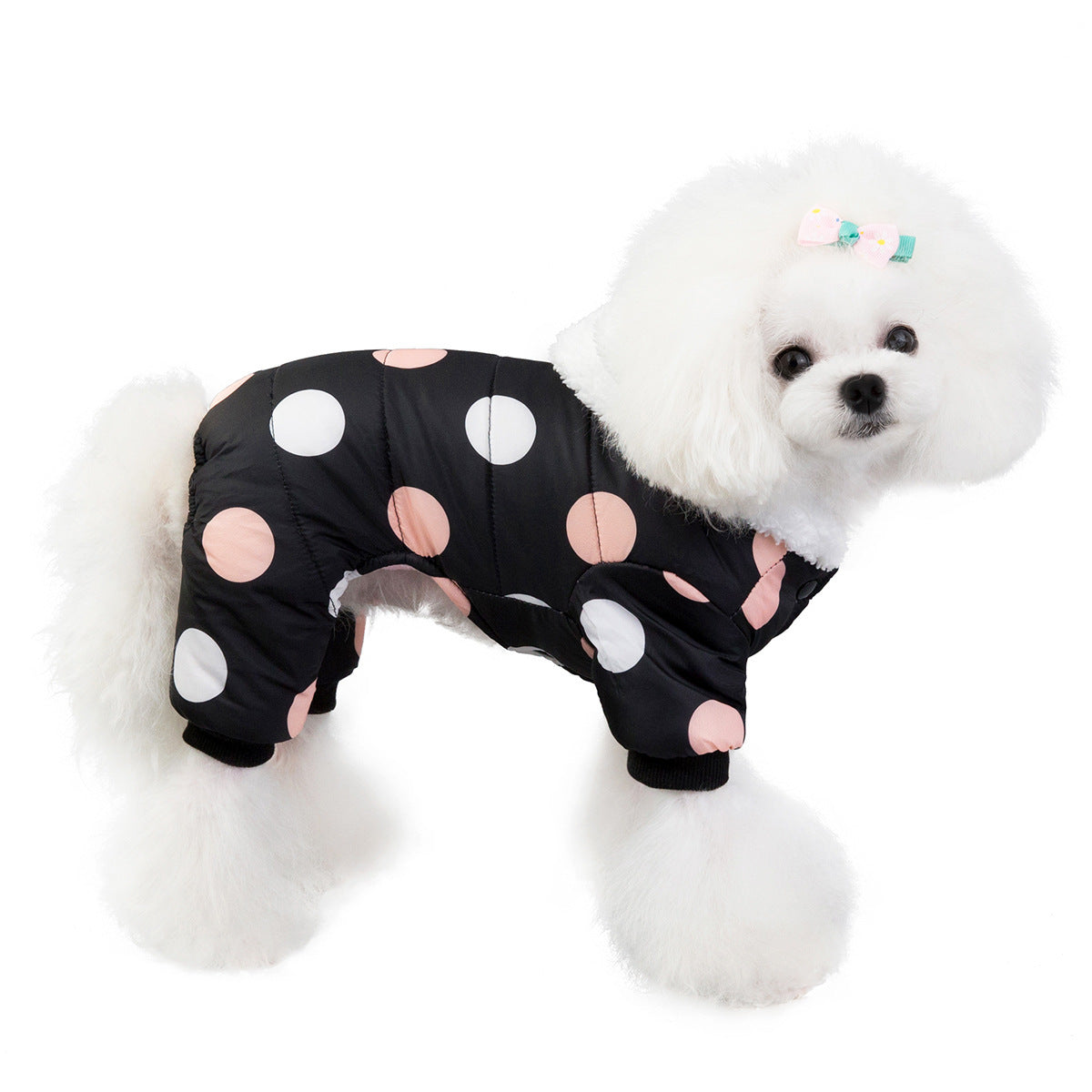 4-Leg Polka Dot Dog Coat – Warm Cotton Jumpsuit for Winter
