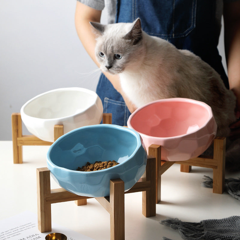Oblique Mouth Elevated Ceramic Bowl with Wooden Stand