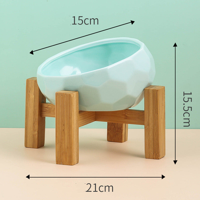 Ceramic Pet Bowl with Oblique Mouth and Bamboo Stand