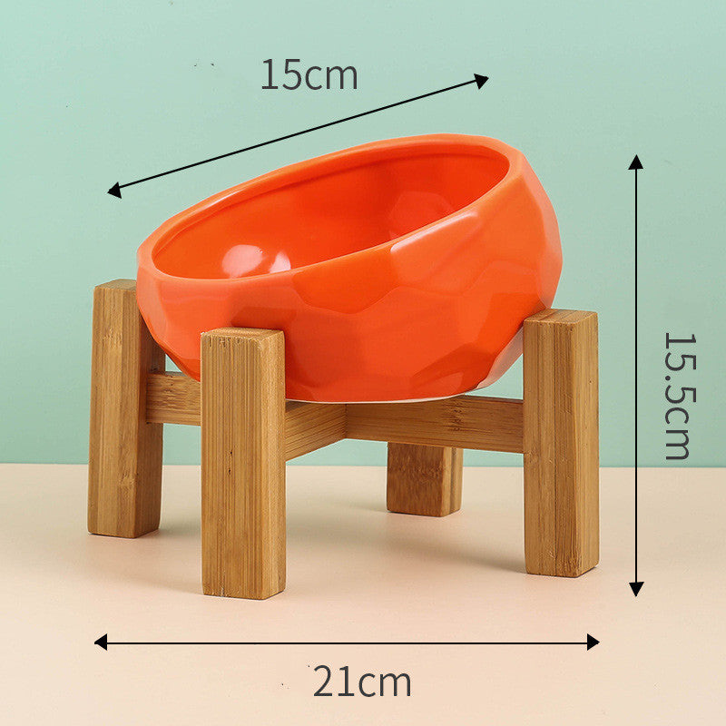 Ceramic Pet Bowl with Oblique Mouth and Bamboo Stand