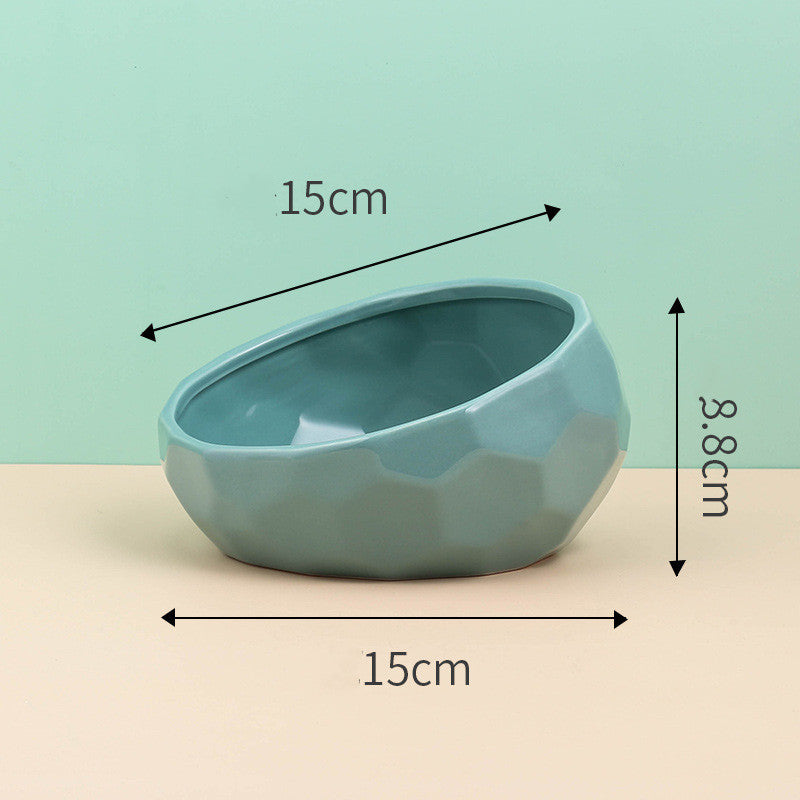 Ceramic Pet Bowl with Oblique Mouth and Bamboo Stand