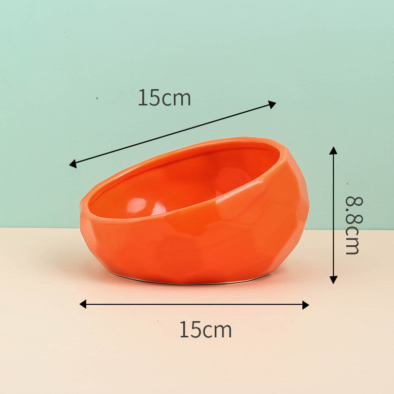 Ceramic Pet Bowl with Oblique Mouth and Bamboo Stand