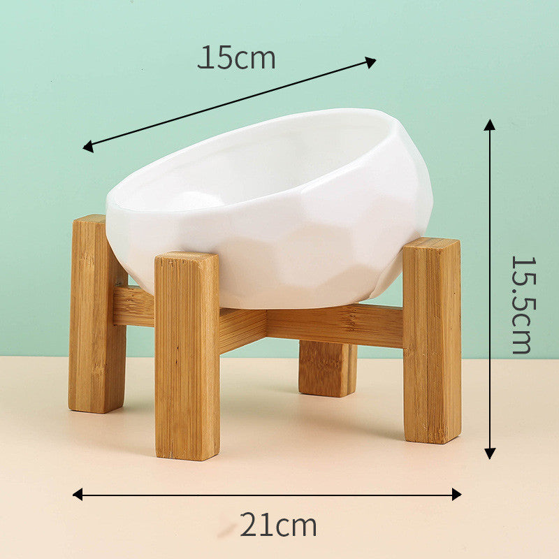 Ceramic Pet Bowl with Oblique Mouth and Bamboo Stand