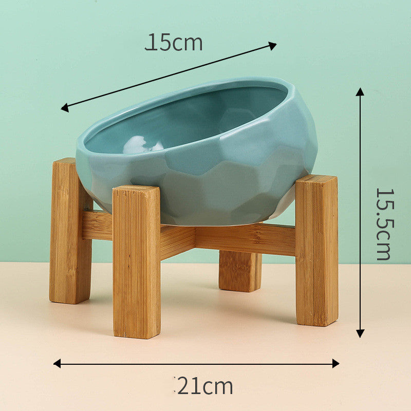 Ceramic Pet Bowl with Oblique Mouth and Bamboo Stand