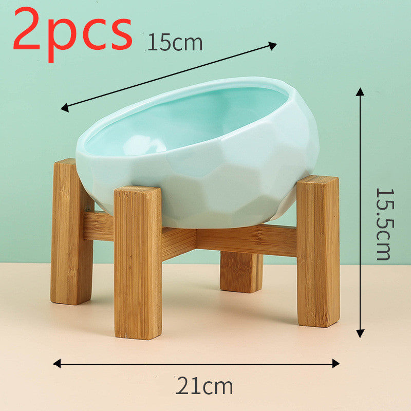 Ceramic Pet Bowl with Oblique Mouth and Bamboo Stand