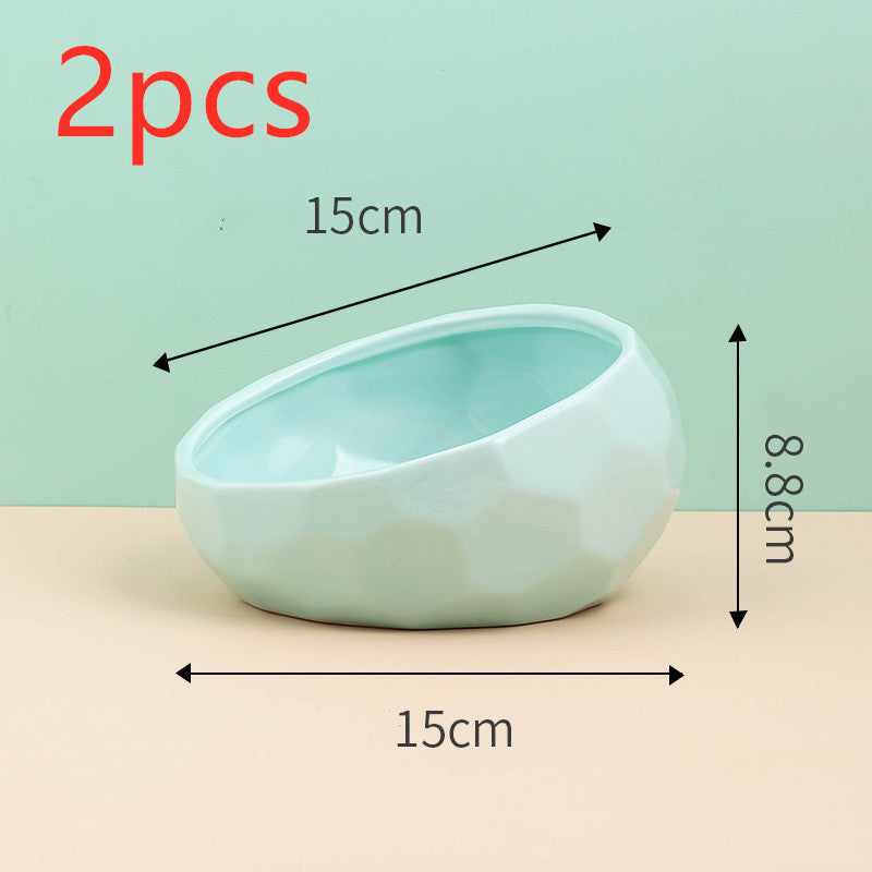 Ceramic Pet Bowl with Oblique Mouth and Bamboo Stand