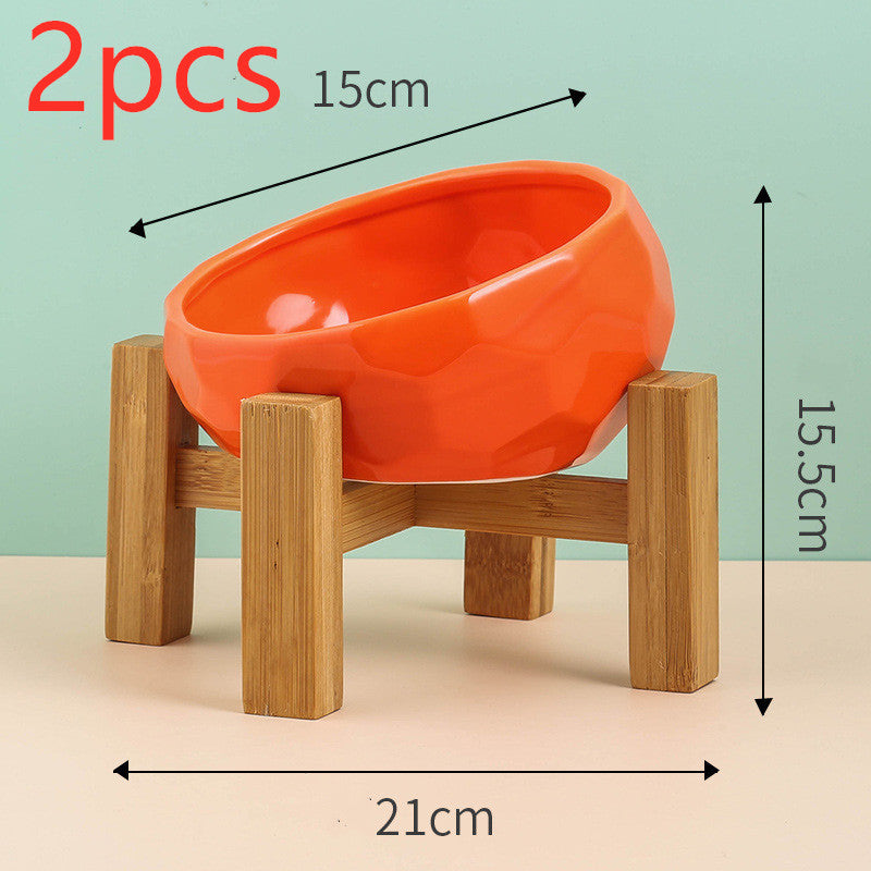 Ceramic Pet Bowl with Oblique Mouth and Bamboo Stand