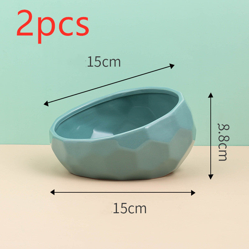 Ceramic Pet Bowl with Oblique Mouth and Bamboo Stand