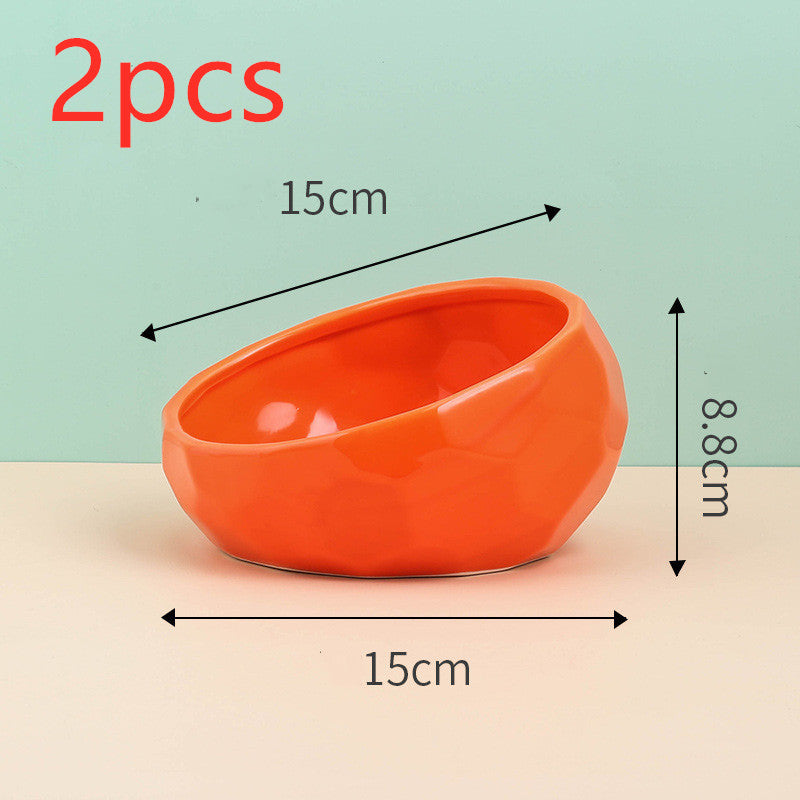 Ceramic Pet Bowl with Oblique Mouth and Bamboo Stand
