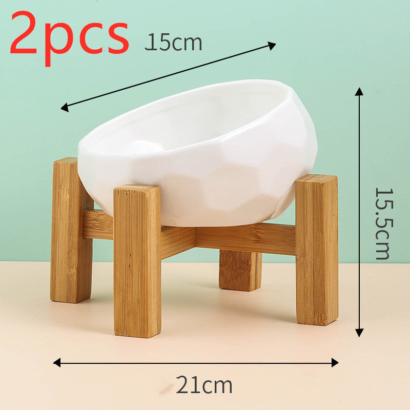 Ceramic Pet Bowl with Oblique Mouth and Bamboo Stand