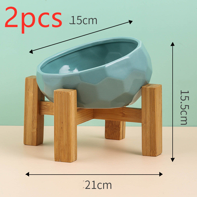Ceramic Pet Bowl with Oblique Mouth and Bamboo Stand