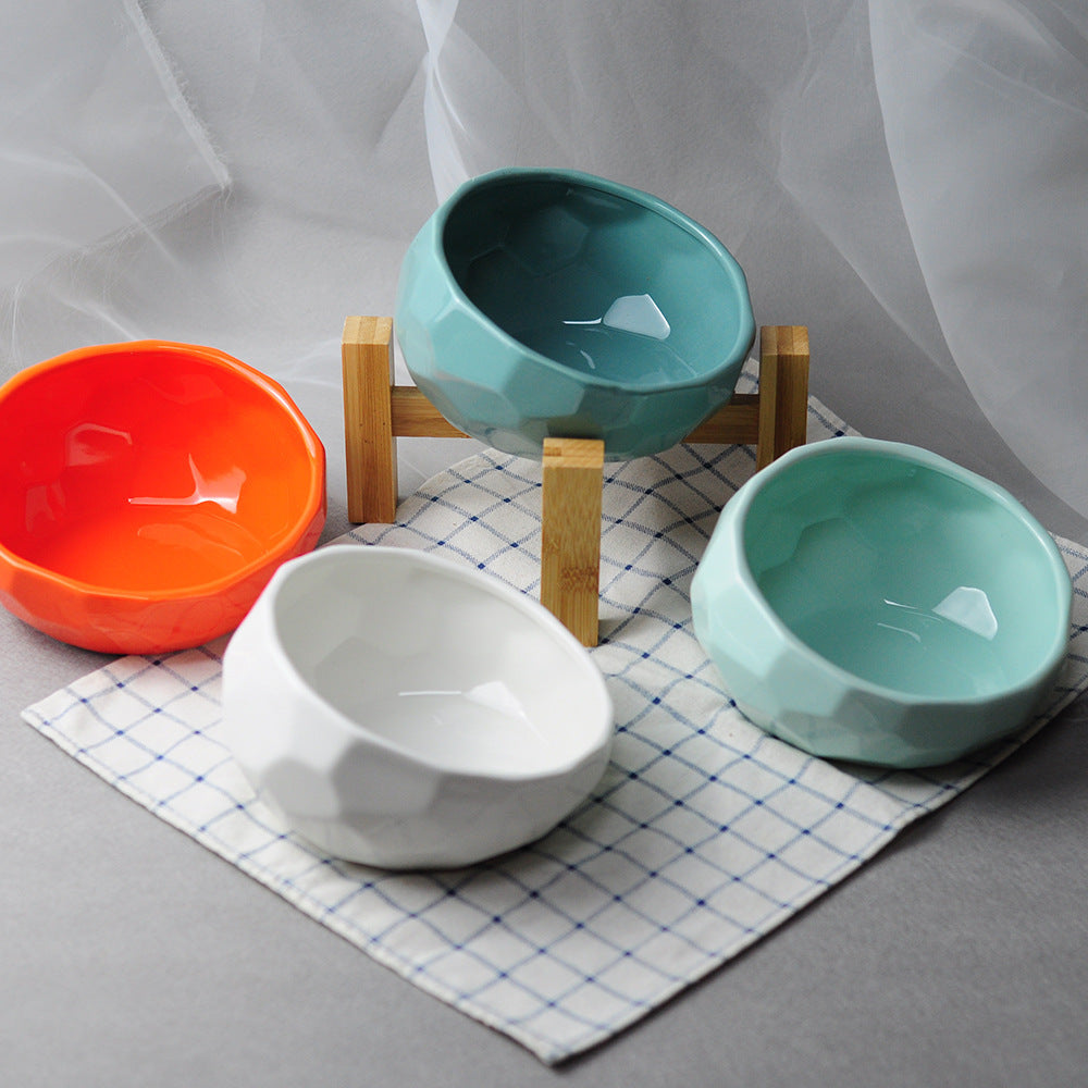 Ceramic Pet Bowl with Oblique Mouth and Bamboo Stand