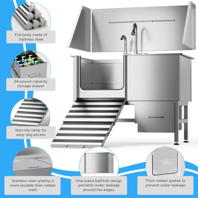 Stainless Steel Dog Bath Table & Professional Grooming Sink with Ramp & Faucet