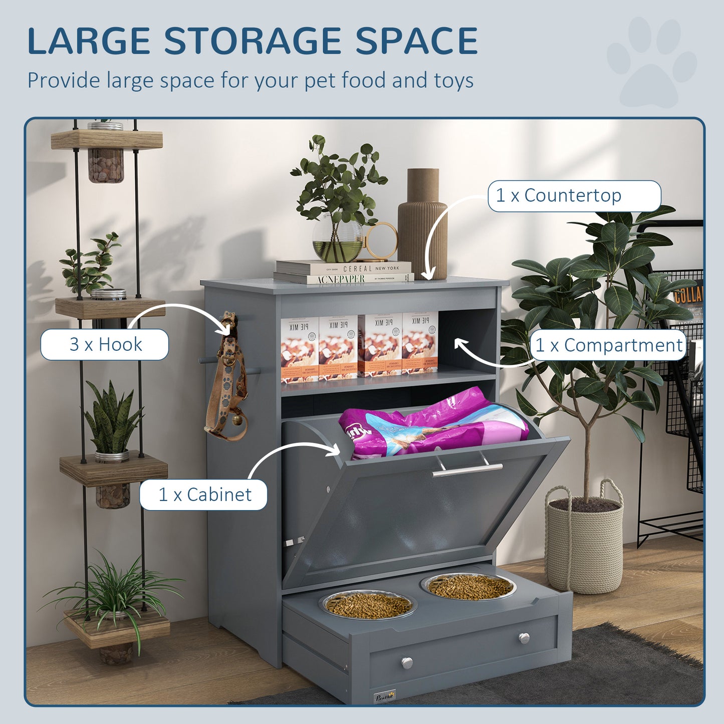 Stylish Grey Pet Feeder Station with Integrated Dog Food Storage and Feeding Drawers