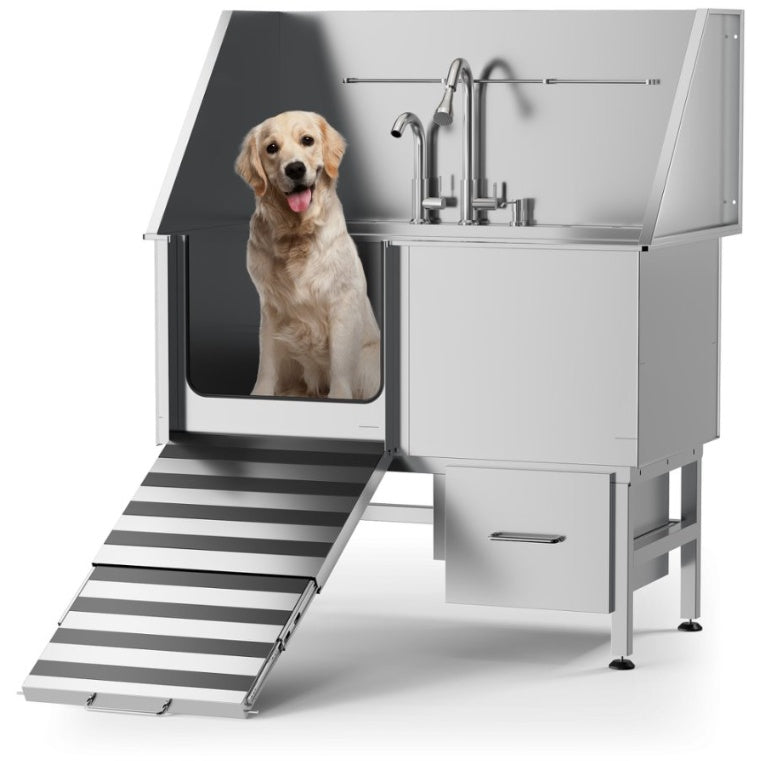 Stainless Steel Dog Bath Table & Professional Grooming Sink with Ramp & Faucet