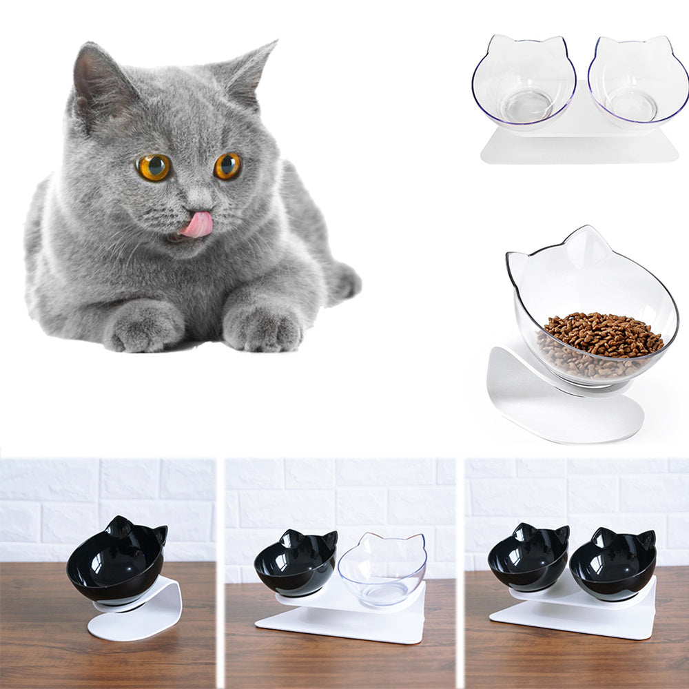 Elevated Cat Double Bowl Feeder – Anti-Vomit Tilted Bowls with Stand for Cervical Spine Support