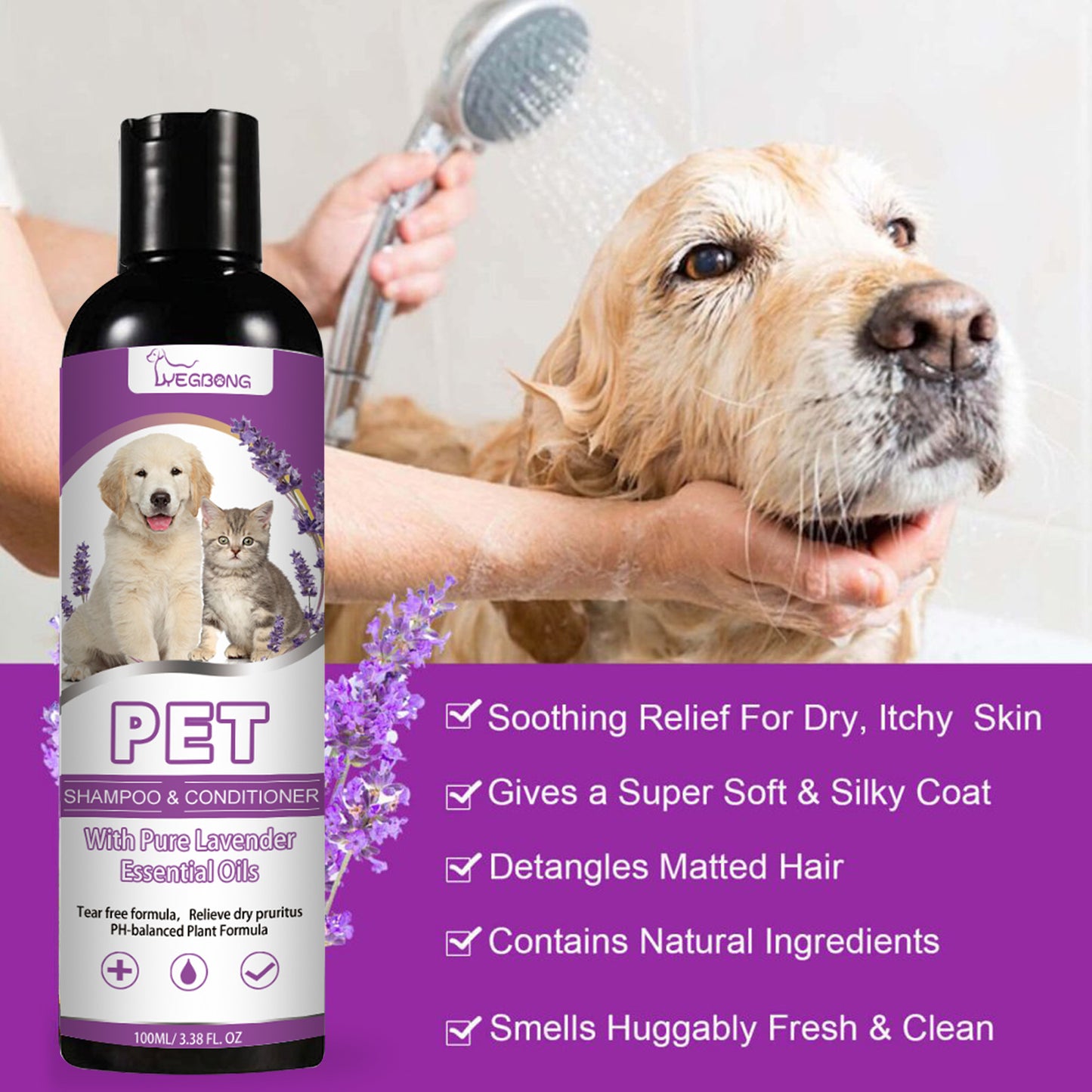 Natural Lavender Pet Shampoo – Tear-Free, Soothing Wash for Dogs & Cats
