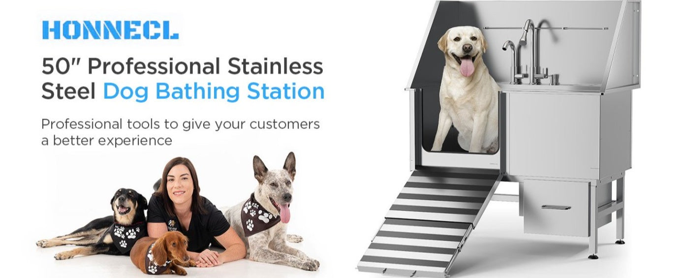 Stainless Steel Dog Bath Table & Professional Grooming Sink with Ramp & Faucet