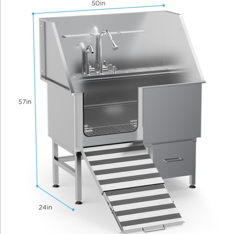 Stainless Steel Dog Bath Table & Professional Grooming Sink with Ramp & Faucet