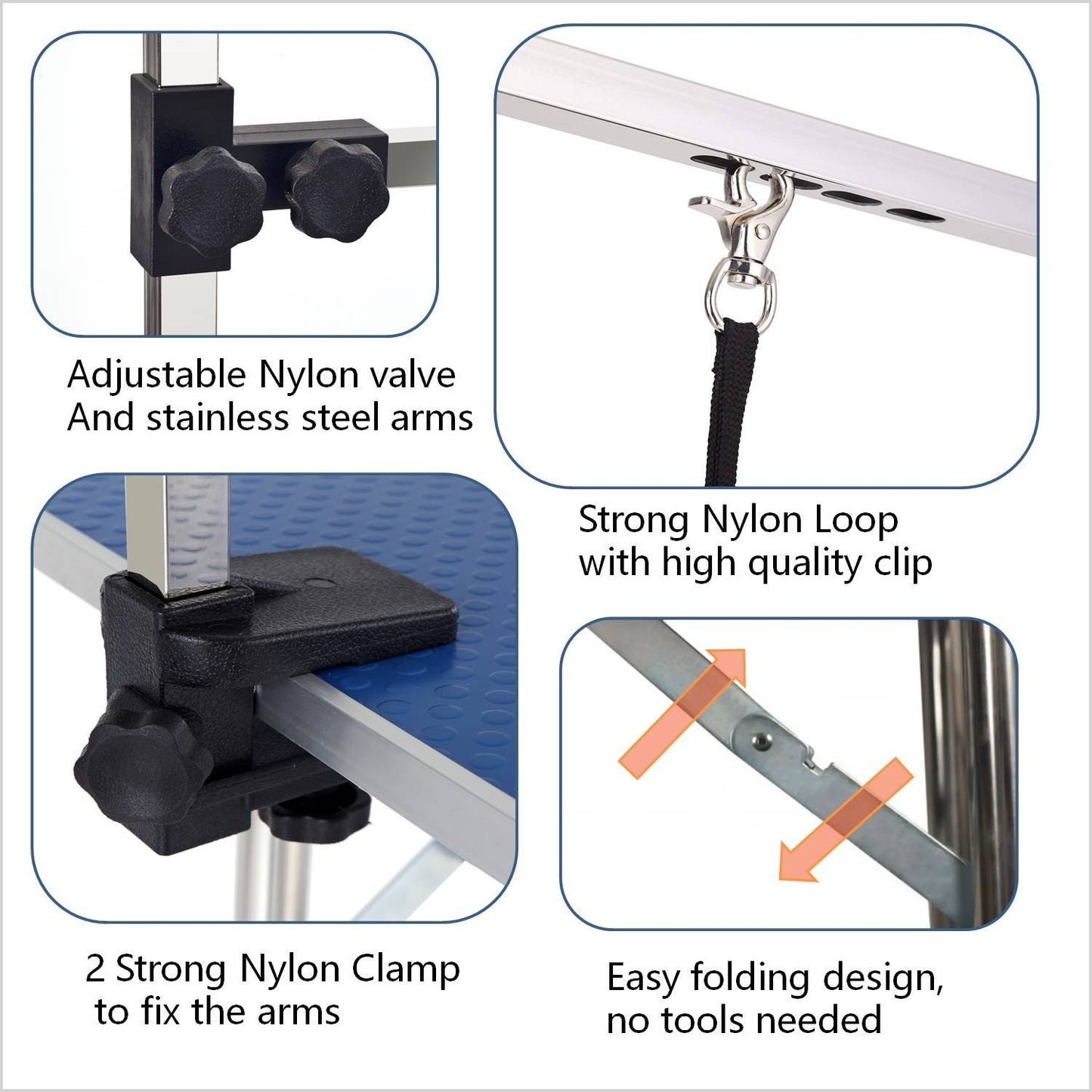 Heavy-Duty Stainless Steel Folding Dog Grooming Table – Adjustable Height with Arm Clamp