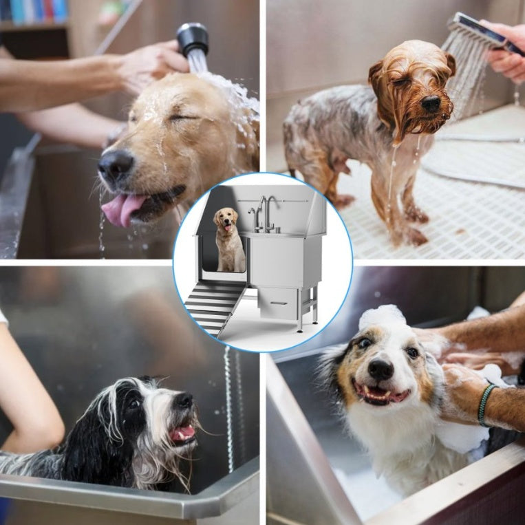 Stainless Steel Dog Bath Table & Professional Grooming Sink with Ramp & Faucet
