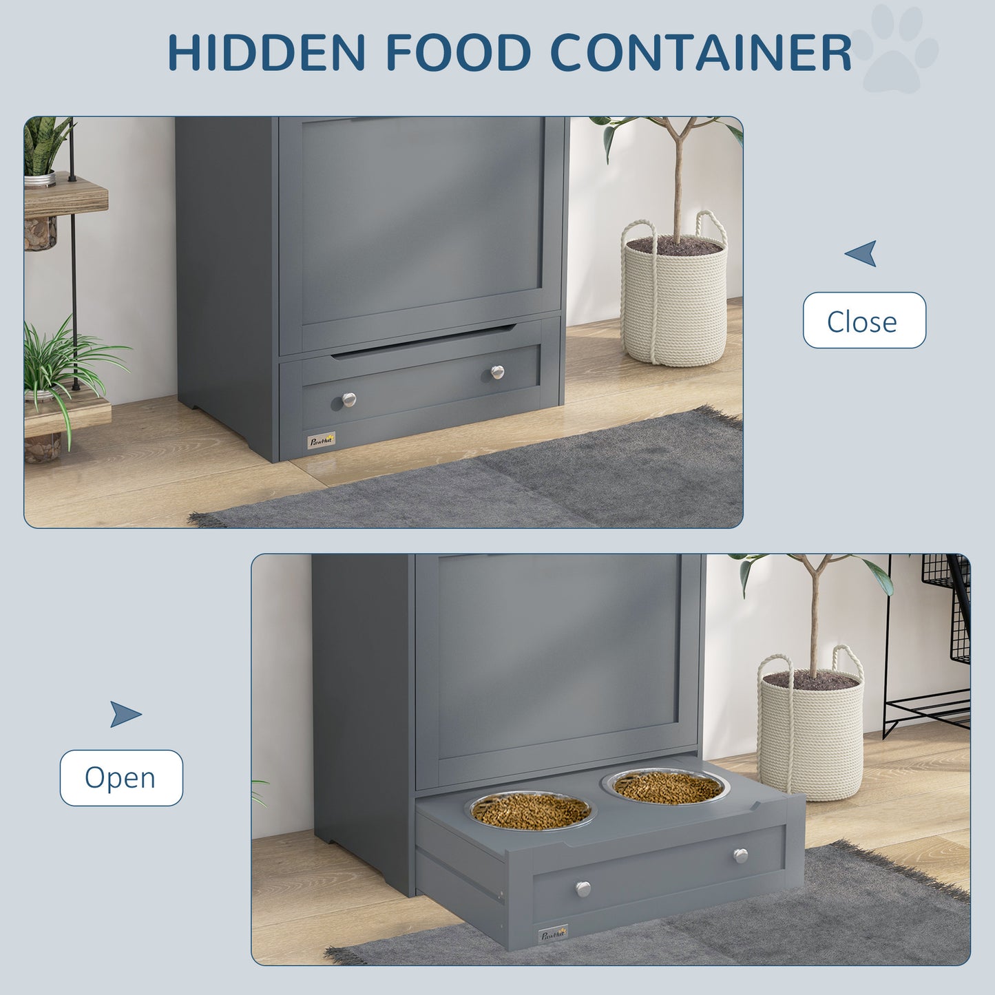 Stylish Grey Pet Feeder Station with Integrated Dog Food Storage and Feeding Drawers