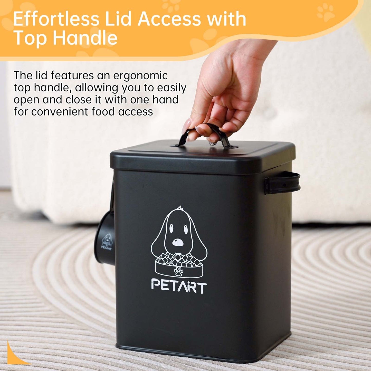 Airtight Metal Dog Food Storage Container with Lid and Scoop – Matte Black