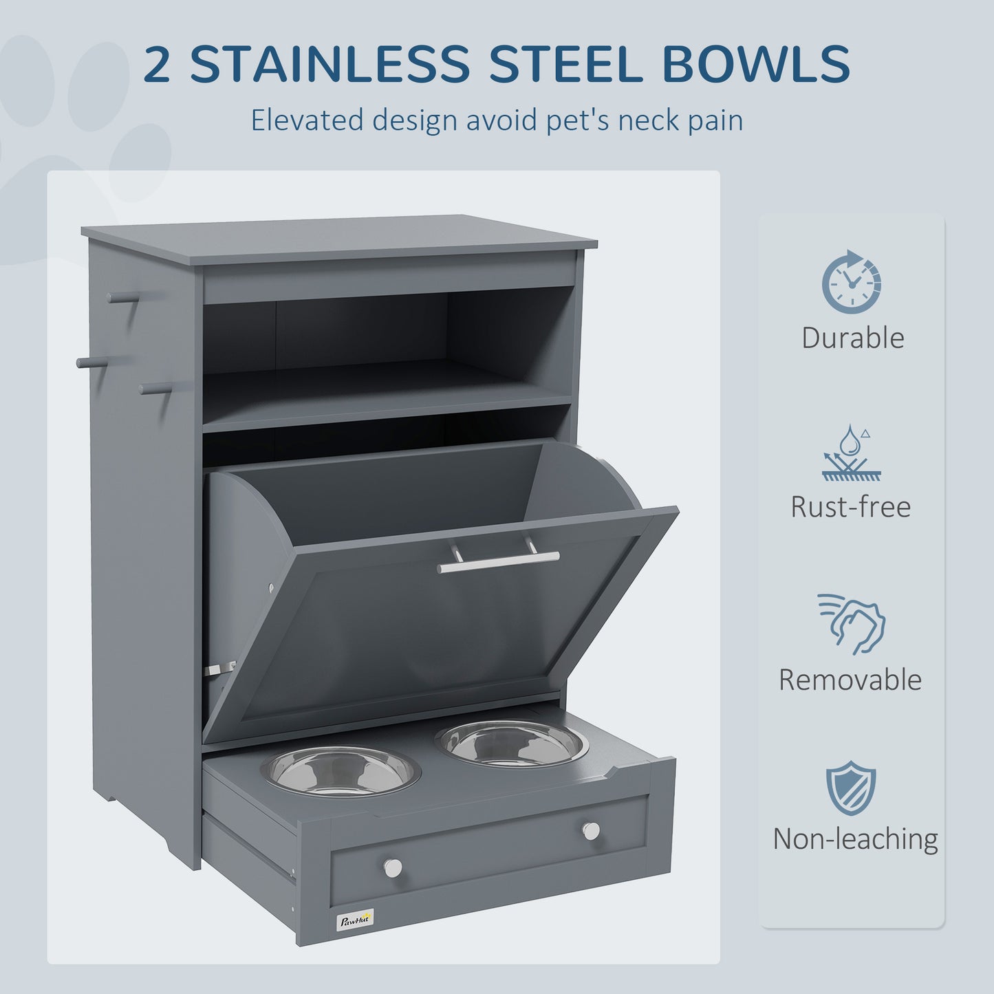 Stylish Grey Pet Feeder Station with Integrated Dog Food Storage and Feeding Drawers