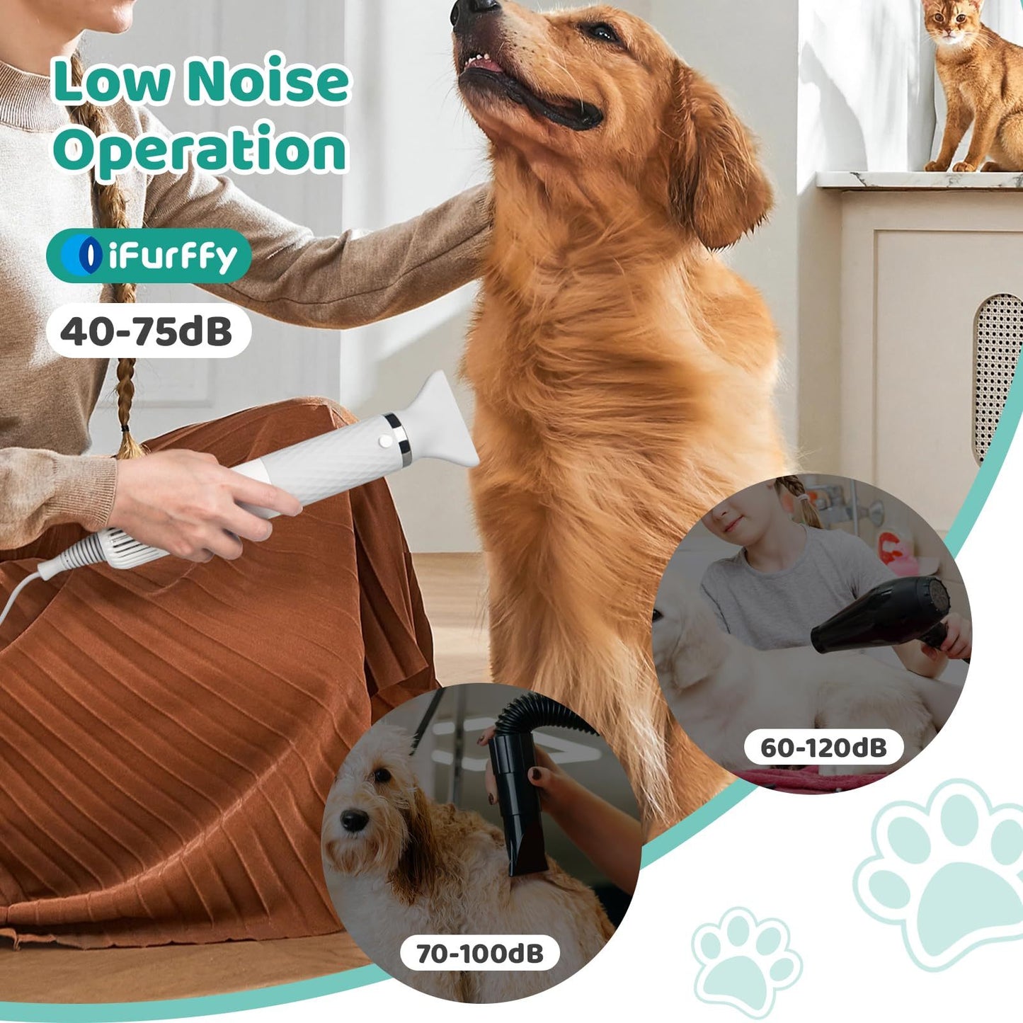 Brushless Motor Handheld Pet Dryer – Quiet Water Blower with Attachments for Dogs & Cats