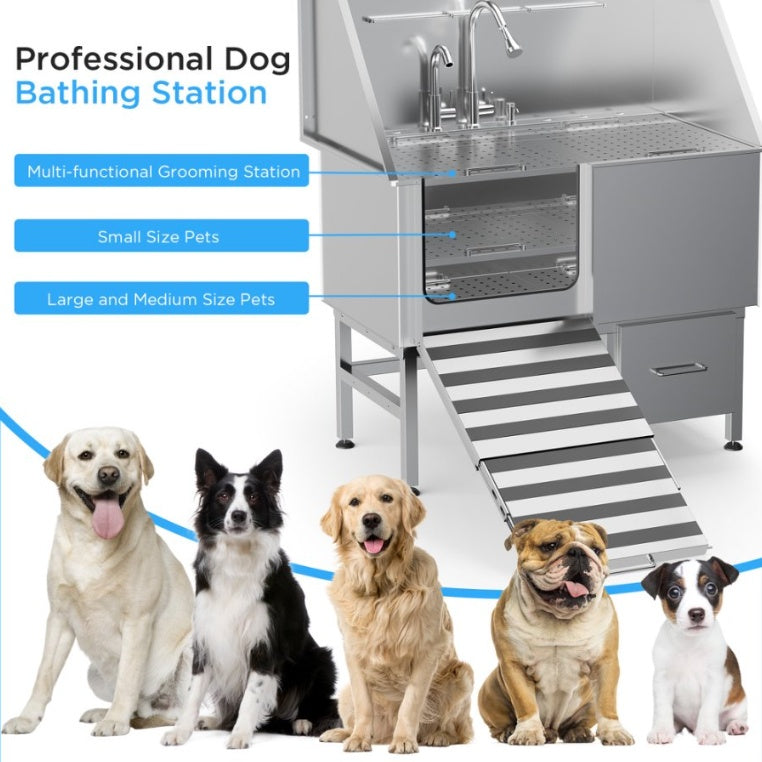 Stainless Steel Dog Bath Table & Professional Grooming Sink with Ramp & Faucet