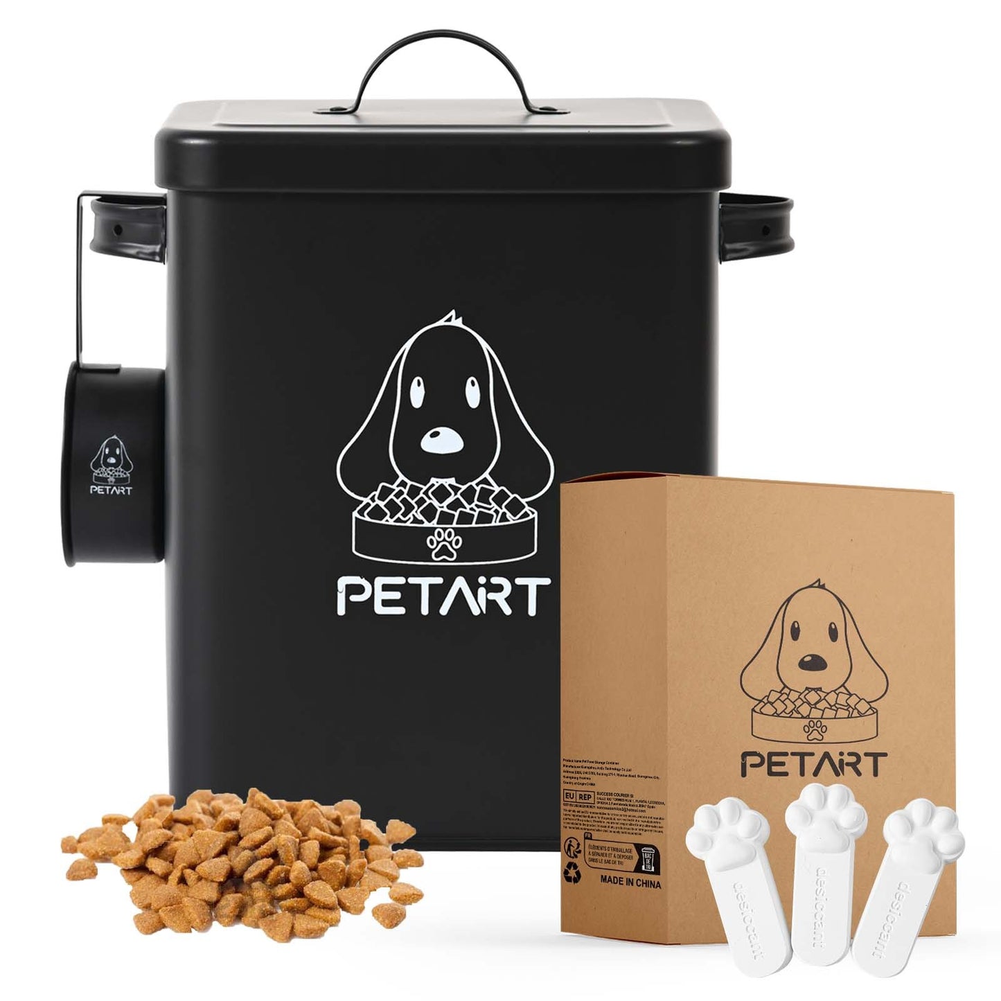 Airtight Metal Dog Food Storage Container with Lid and Scoop – Matte Black