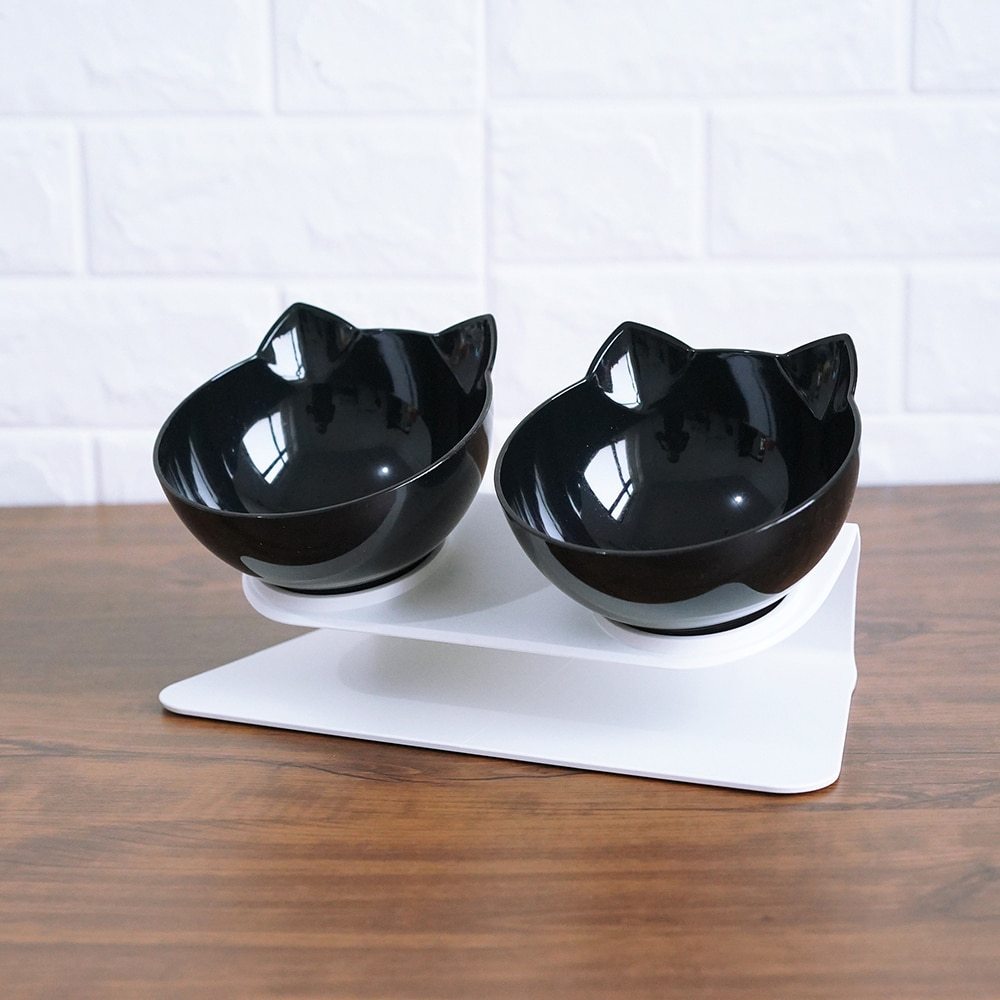 Elevated Cat Double Bowl Feeder – Anti-Vomit Tilted Bowls with Stand for Cervical Spine Support