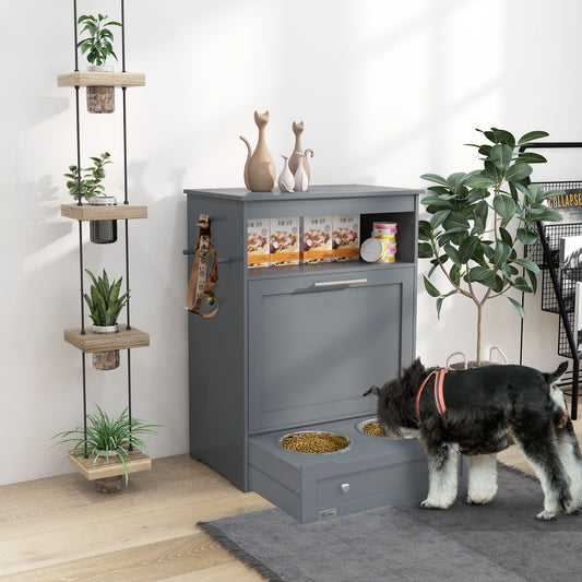 Stylish Grey Pet Feeder Station with Integrated Dog Food Storage and Feeding Drawers