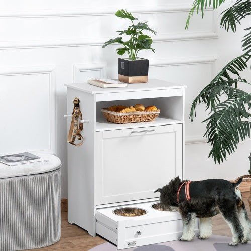 Modern Pet Feeder Station with Built-In Storage for Dog Food and Bowls – White Finish