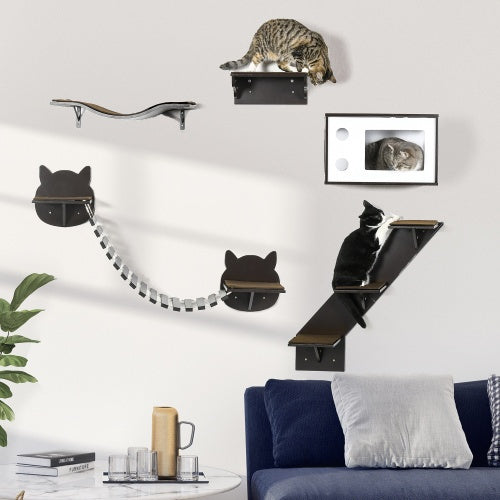 PawHut Wall-Mounted Cat Shelves – Curved Wooden Climbing Platforms Set