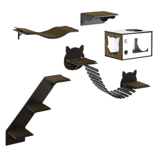 PawHut Wall-Mounted Cat Shelves – Curved Wooden Climbing Platforms Set