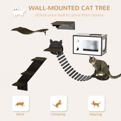 PawHut Wall-Mounted Cat Shelves – Curved Wooden Climbing Platforms Set