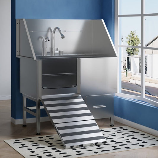 Stainless Steel Dog Bath Table & Professional Grooming Sink with Ramp & Faucet