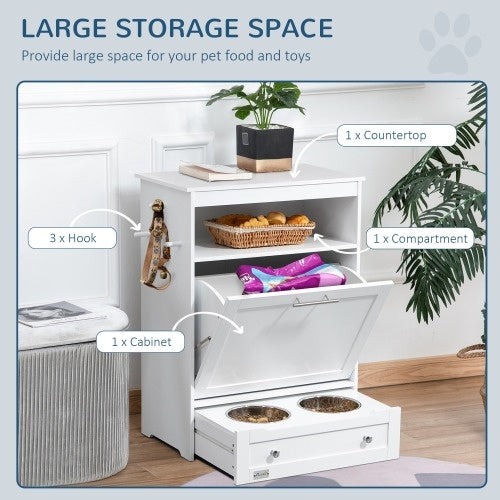 Modern Pet Feeder Station with Built-In Storage for Dog Food and Bowls – White Finish