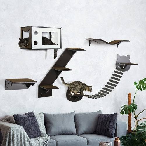 PawHut Wall-Mounted Cat Shelves – Curved Wooden Climbing Platforms Set